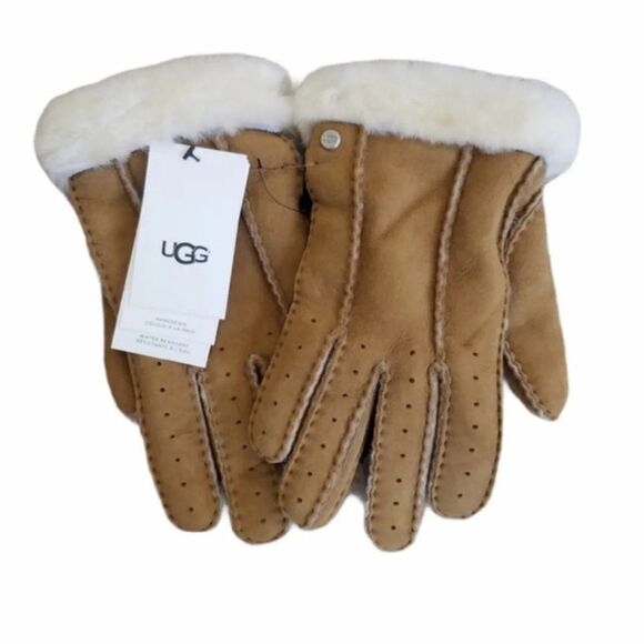UGG Australia Women perforated Genuine Shearling Handmade Chestnut Glove size L - Picture 3 of 14
